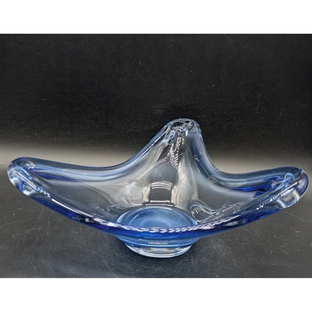 Holmegaard Per Lutken Blue Art Glass Triangular Bowl Danish Mid Century Modern